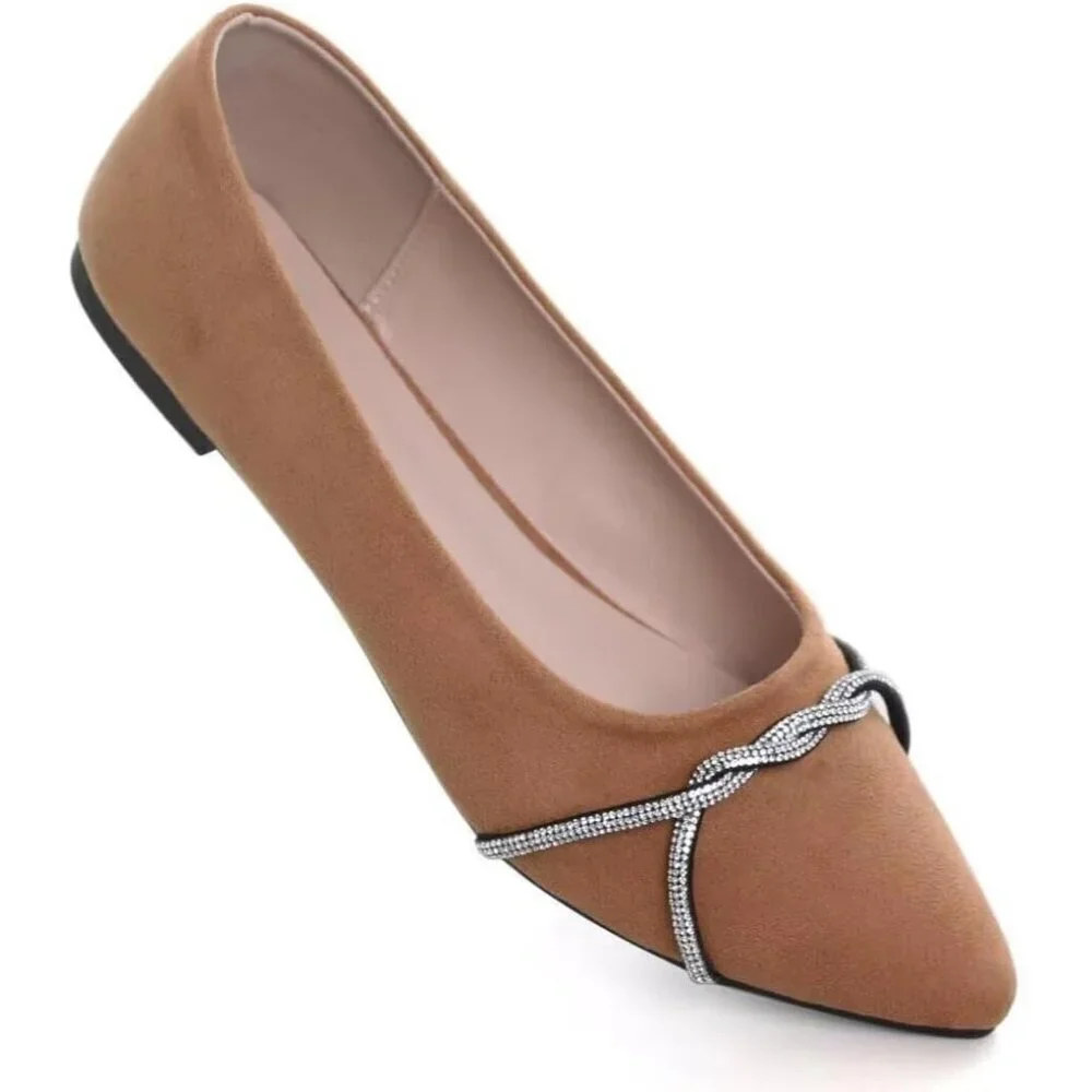 Women's Khaki Casual Flats Fashion Chain Pointed Toe Ballet Flat Rhinestone